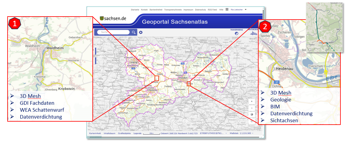 Beispiel Waldheim und Heidenau als Karte